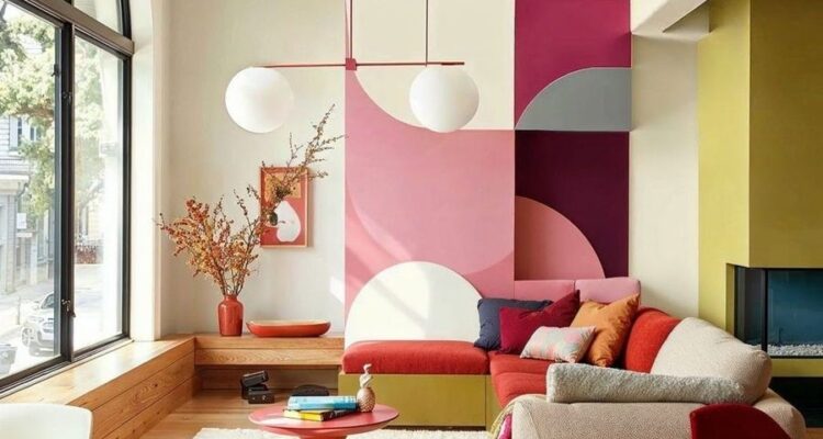 Kleurrijk interieur met geometrische muurvlakken en rode hoekbank