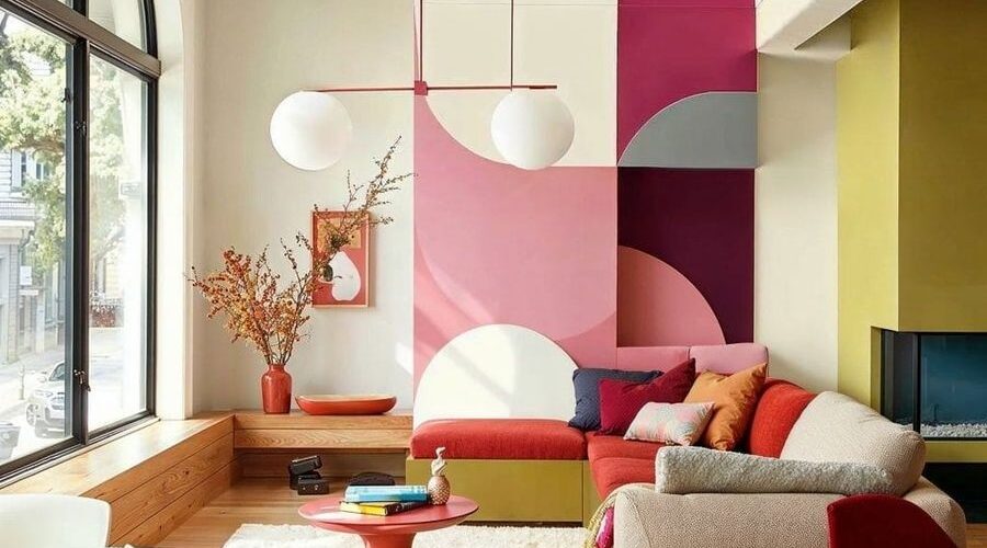 Kleurrijk interieur met geometrische muurvlakken en rode hoekbank