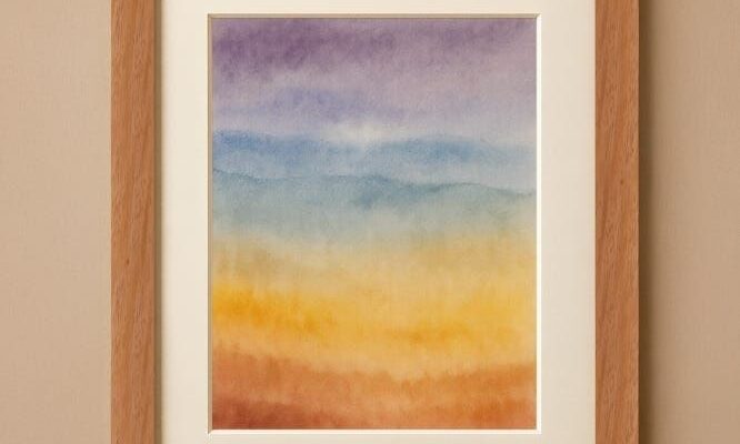 Ingelijste aquarel met wit passe-partout en houten lijst