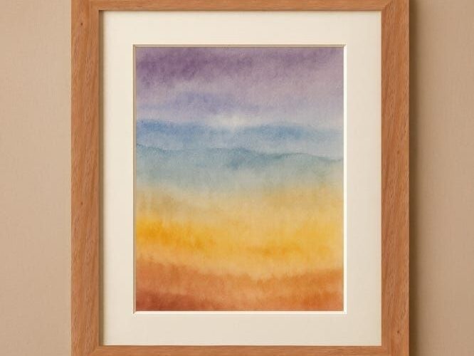 Ingelijste aquarel met wit passe-partout en houten lijst